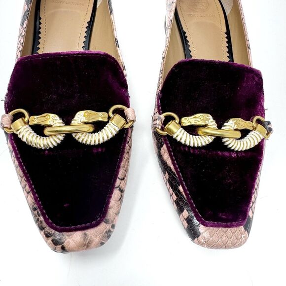 TORY BURCH Jessa Purple Velvet Pink Snake Reptile Heeled Loafer Size 7C - Picture 4 of 13